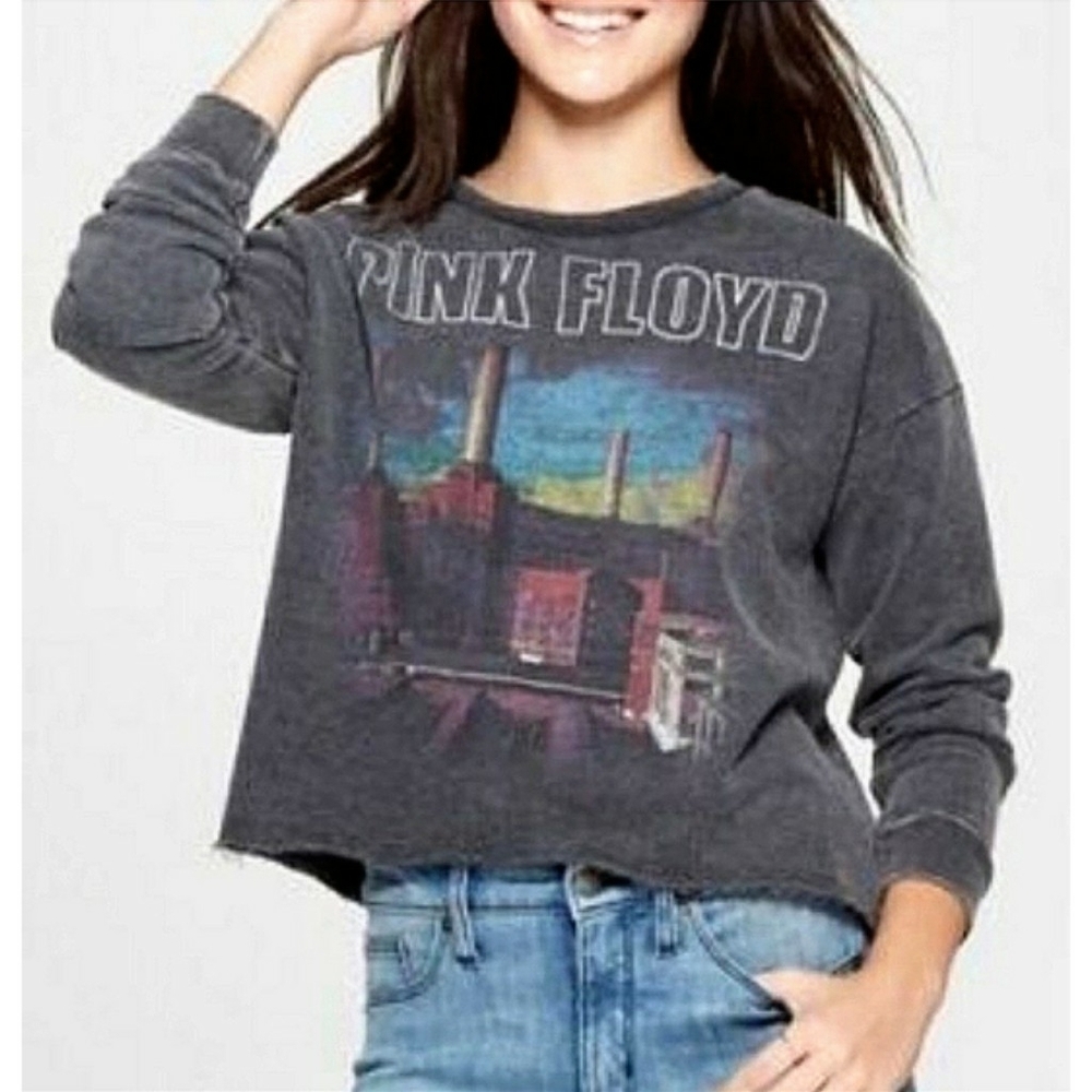 Pink Floyd Junk food Gray Sweater Cropped Band Music Graphic Top Frayed Rocker S